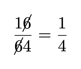 16/64 = 1/4, with both sixes crossed out.